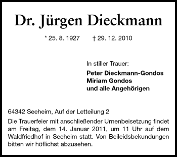 Traueranzeige von Dr. Jürgen Dieckmann von Echo-Zeitungen (Gesamtausgabe)