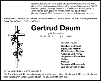 Traueranzeige von Gertrud Daum von Odenwälder Echo