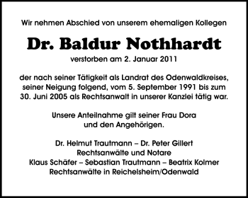 Traueranzeige von Dr. jur. Baldur Nothhardt von Odenwälder Echo