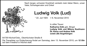 Traueranzeige von Ludwig Volk von Odenwälder Echo
