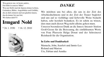 Traueranzeige von Irmgard Nold  von Rüsselsheimer Echo, Groß-Gerauer-Echo, Ried Echo