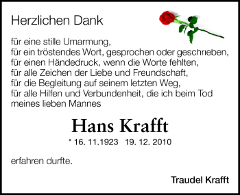 Traueranzeige von Hans Krafft von Darmstädter Echo, Odenwälder Echo, Rüsselsheimer Echo, Groß-Gerauer-Echo, Ried Echo