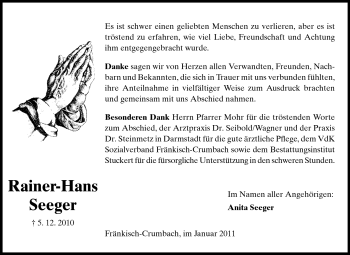 Traueranzeige von Rainer-Hans Seeger von Darmstädter Echo, Odenwälder Echo, Rüsselsheimer Echo, Groß-Gerauer-Echo, Ried Echo