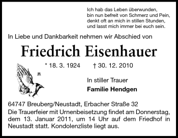 Traueranzeige von Friedrich Eisenhauer von Odenwälder Echo