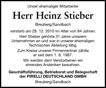 Traueranzeige von Heinz Stieber von Odenwälder Echo