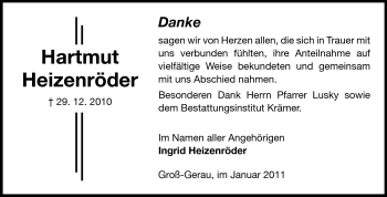 Traueranzeige von Hartmut Heizenröder von Rüsselsheimer Echo, Groß-Gerauer-Echo, Ried Echo