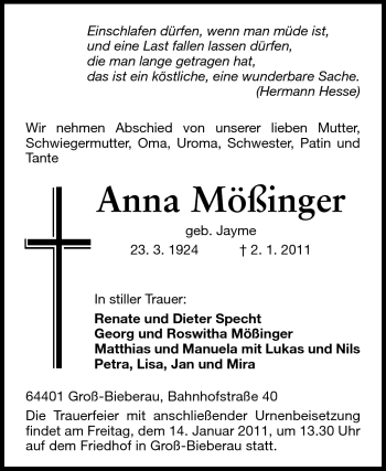 Traueranzeige von Anna Mößinger von Echo-Zeitungen (Gesamtausgabe)