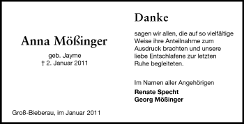 Traueranzeige von Anna Mößinger von Echo-Zeitungen (Gesamtausgabe)