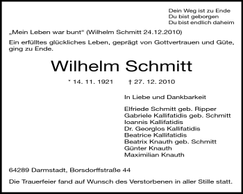 Traueranzeige von Wilhelm Schmitt von Darmstädter Echo, Odenwälder Echo, Rüsselsheimer Echo, Groß-Gerauer-Echo, Ried Echo