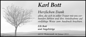 Traueranzeige von Karl Bott von Darmstädter Echo, Odenwälder Echo, Rüsselsheimer Echo, Groß-Gerauer-Echo, Ried Echo