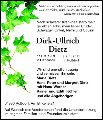 Traueranzeige von Ulli Dietz von Echo-Zeitungen (Gesamtausgabe)