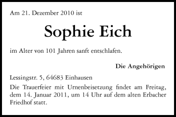 Traueranzeige von Sophie Eich von Odenwälder Echo