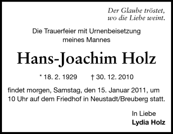 Traueranzeige von Hans-Joachim Holz von Odenwälder Echo