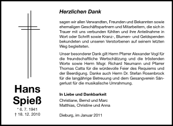 Traueranzeige von Hans Spieß von Echo-Zeitungen (Gesamtausgabe)