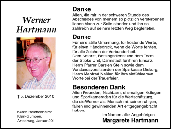 Traueranzeige von Werner Hartmann von Odenwälder Echo