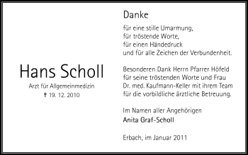 Traueranzeige von Hans  Scholl von Odenwälder Echo