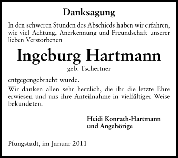 Traueranzeige von Ingeburg Hartmann von Rüsselsheimer Echo, Groß-Gerauer-Echo, Ried Echo