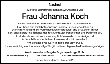 Traueranzeige von Johanna Koch von Starkenburger Echo