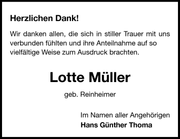 Traueranzeige von Lotte Müller  von Rüsselsheimer Echo, Groß-Gerauer-Echo, Ried Echo