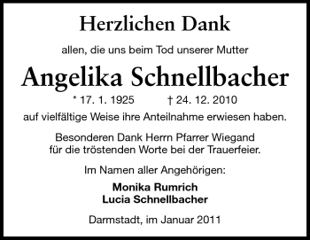 Traueranzeige von Angelika Schnellbacher von Darmstädter Echo, Odenwälder Echo, Rüsselsheimer Echo, Groß-Gerauer-Echo, Ried Echo
