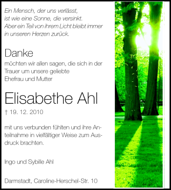 Traueranzeige von Elisabethe Ahl von Darmstädter Echo, Odenwälder Echo, Rüsselsheimer Echo, Groß-Gerauer-Echo, Ried Echo