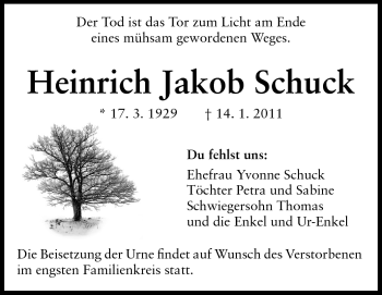 Traueranzeige von Heinrich Jakob Schuck von Darmstädter Echo, Odenwälder Echo, Rüsselsheimer Echo, Groß-Gerauer-Echo, Ried Echo