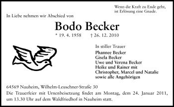 Traueranzeige von Bodo Becker von Rüsselsheimer Echo, Groß-Gerauer-Echo, Ried Echo
