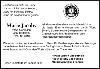 Traueranzeige von Marie Jacoby von Darmstädter Echo, Odenwälder Echo, Rüsselsheimer Echo, Groß-Gerauer-Echo, Ried Echo