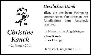 Traueranzeige von Christine Kauck von Darmstädter Echo, Odenwälder Echo, Rüsselsheimer Echo, Groß-Gerauer-Echo, Ried Echo