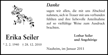 Traueranzeige von Erika Seiler von Rüsselsheimer Echo, Groß-Gerauer-Echo, Ried Echo