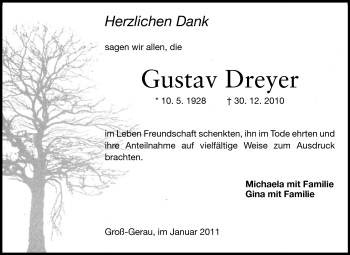 Traueranzeige von Gustav Dreyer von Rüsselsheimer Echo, Groß-Gerauer-Echo, Ried Echo