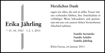 Traueranzeige von Erika Jährling von Rüsselsheimer Echo, Groß-Gerauer-Echo, Ried Echo