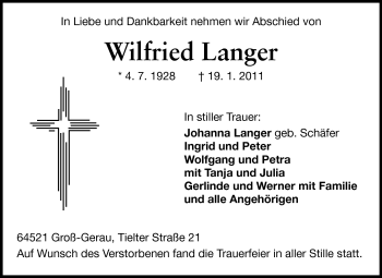 Traueranzeige von Wilfried Langer von Rüsselsheimer Echo, Groß-Gerauer-Echo, Ried Echo