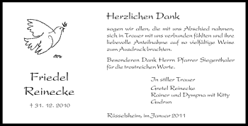 Traueranzeige von Friedel Reinecke von Rüsselsheimer Echo, Groß-Gerauer-Echo, Ried Echo