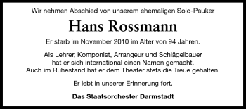 Traueranzeige von Hans Rossmann von Echo-Zeitungen (Gesamtausgabe)