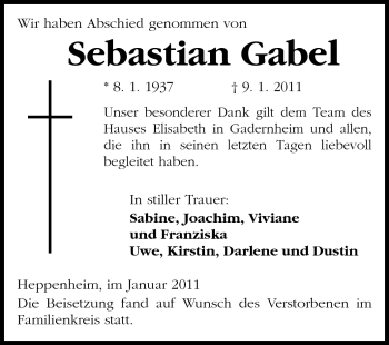 Traueranzeige von Sebastian Gabel von Starkenburger Echo