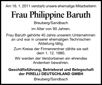 Traueranzeige von Philippine Baruth von Odenwälder Echo