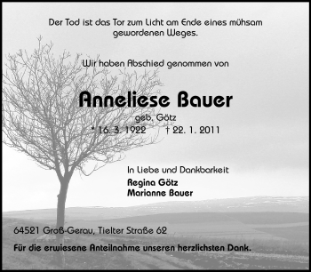 Traueranzeige von Anneliese Bauer von Rüsselsheimer Echo, Groß-Gerauer-Echo, Ried Echo