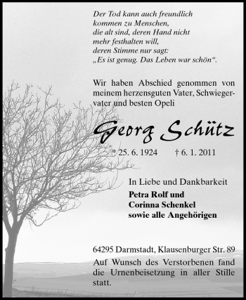 Traueranzeige von Georg Schütz von Echo-Zeitungen (Gesamtausgabe)