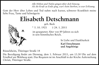 Traueranzeige von Elisabeth Detschmann von Rüsselsheimer Echo, Groß-Gerauer-Echo, Ried Echo