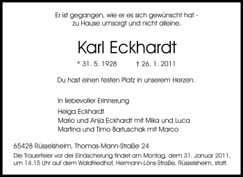 Traueranzeige von Karl Eckhardt von Darmstädter Echo, Odenwälder Echo, Rüsselsheimer Echo, Groß-Gerauer-Echo, Ried Echo