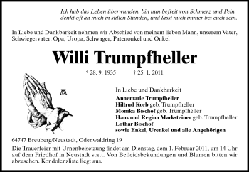 Traueranzeige von Willi Trumpfheller von Odenwälder Echo