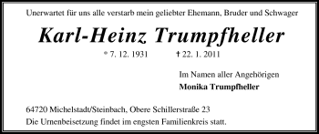 Traueranzeige von Karl-Heinz Trumpfheller von Odenwälder Echo