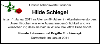 Traueranzeige von Hilde Schlegel von Darmstädter Echo, Odenwälder Echo, Rüsselsheimer Echo, Groß-Gerauer-Echo, Ried Echo
