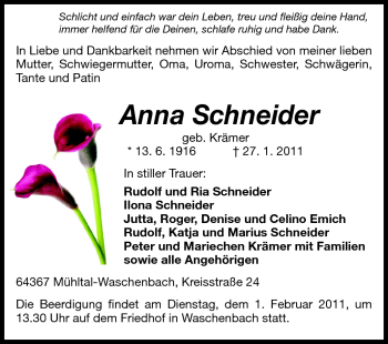 Traueranzeige von Anna Schneider von Echo-Zeitungen (Gesamtausgabe)