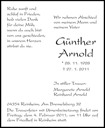 Traueranzeige von Günther Arnold von Darmstädter Echo, Odenwälder Echo, Rüsselsheimer Echo, Groß-Gerauer-Echo, Ried Echo