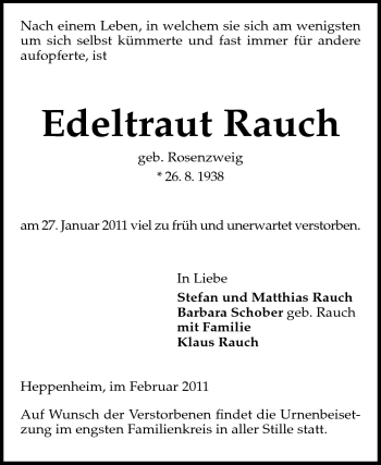 Traueranzeige von Edeltraut Rauch von Starkenburger Echo