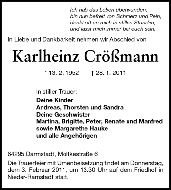 Traueranzeige von Karlheinz Crößmann von Echo-Zeitungen (Gesamtausgabe)