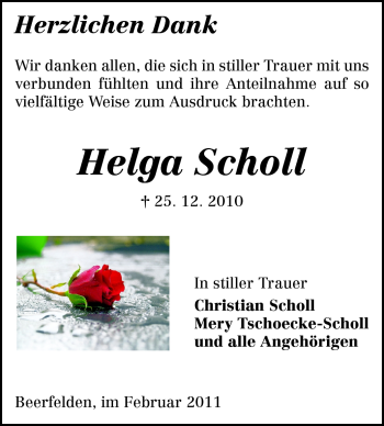 Traueranzeige von Helga Scholl von Odenwälder Echo