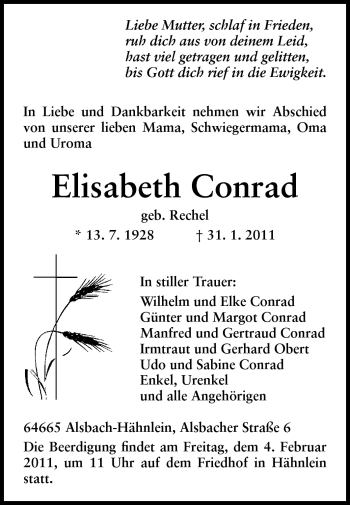 Traueranzeige von Elisabeth Conrad von Echo-Zeitungen (Gesamtausgabe)